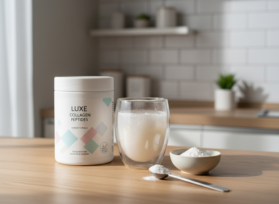 A close-up, photographic image of a premium Korean collagen powder tub and a glass of freshly mixed collagen drink on a light oak kitchen countertop. The tub has a clean, minimalist label design with soft pastel accents, while the drink in a clear double-wall glass shows a subtle pearlescent swirl. Nearby, a small ceramic bowl holds a perfectly leveled scoop of fine white powder, with a stainless measuring spoon resting beside it. Soft, diffused window light from the left casts gentle shadows and highlights the textures without glare. The background shows a blurred, modern Korean apartment kitchen with neutral tones and a small potted plant, creating a calm, reliable, health-focused mood, captured from a slightly elevated angle in crisp photographic realism.