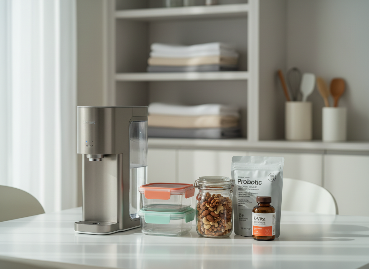 A neatly arranged collection of popular Korean lifestyle and health products displayed on a clean white dining table: a sleek stainless-steel water purifier, BPA-free transparent storage containers with colorful lids, a jar of mixed nuts, a pouch of probiotic supplements, and a bottle of multivitamins. Behind them, soft-focus shelves hold neatly stacked towels and a few minimalist kitchen gadgets, hinting at a well-organized home. Gentle morning daylight filters through a large window, creating soft reflections on plastic and glass surfaces. Photographic realism, shot at eye level with a shallow depth of field, keeping the front row of products in crisp focus while the background falls into a smooth bokeh, conveying a professional, trustworthy, modern Korean home shopping atmosphere.