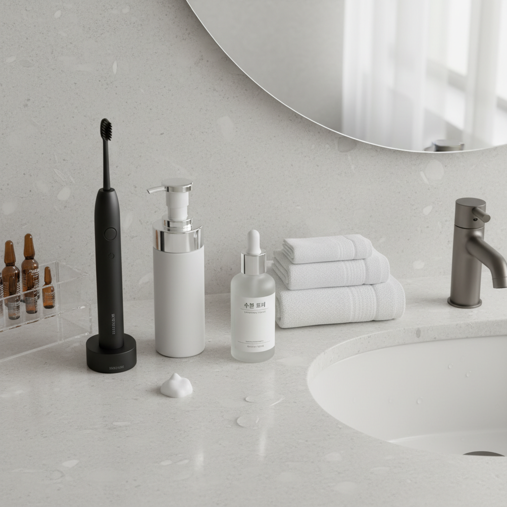 A high-resolution, photographic overhead view of a modern Korean bathroom vanity showcasing everyday living and beauty products: a sleek electric toothbrush, a foaming facial cleanser in a matte pump bottle, a hydrating toner in a frosted glass bottle, and a neatly folded stack of pure white cotton towels. All items are arranged on a pale stone countertop with subtle veining. A small, frameless mirror reflects diffused daylight coming from an unseen window, creating a clean, bright atmosphere. Tiny water droplets near the sink add realism, while a clear acrylic organizer with compartments for skincare ampoules sits in the corner. The composition is carefully balanced with generous negative space, conveying freshness, hygiene, and a professional review setting suitable for a Korean beauty and lifestyle recommendation blog.