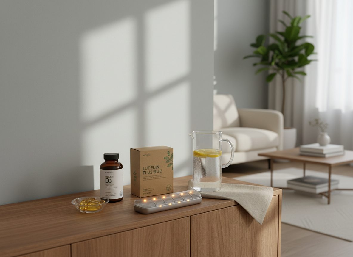 A photographic scene of a curated Korean home wellness corner on a low wooden sideboard: neatly arranged omega-3 capsules in a small glass dish, a dark amber bottle of vitamin D, a box of lutein supplements, and a slim digital pill organizer with softly glowing indicators. Beside them sits a glass carafe of water with lemon slices and a neatly folded beige linen cloth. The sideboard stands against a light gray wall, with a subtle shadow of a window frame cast across it from soft afternoon sunlight. Composition follows the rule of thirds, with the supplements in sharp foreground focus and a blurred background hinting at a cozy living room. The mood is organized, professional, and gently aspirational, reflecting a Korean lifestyle blog’s expert recommendations.