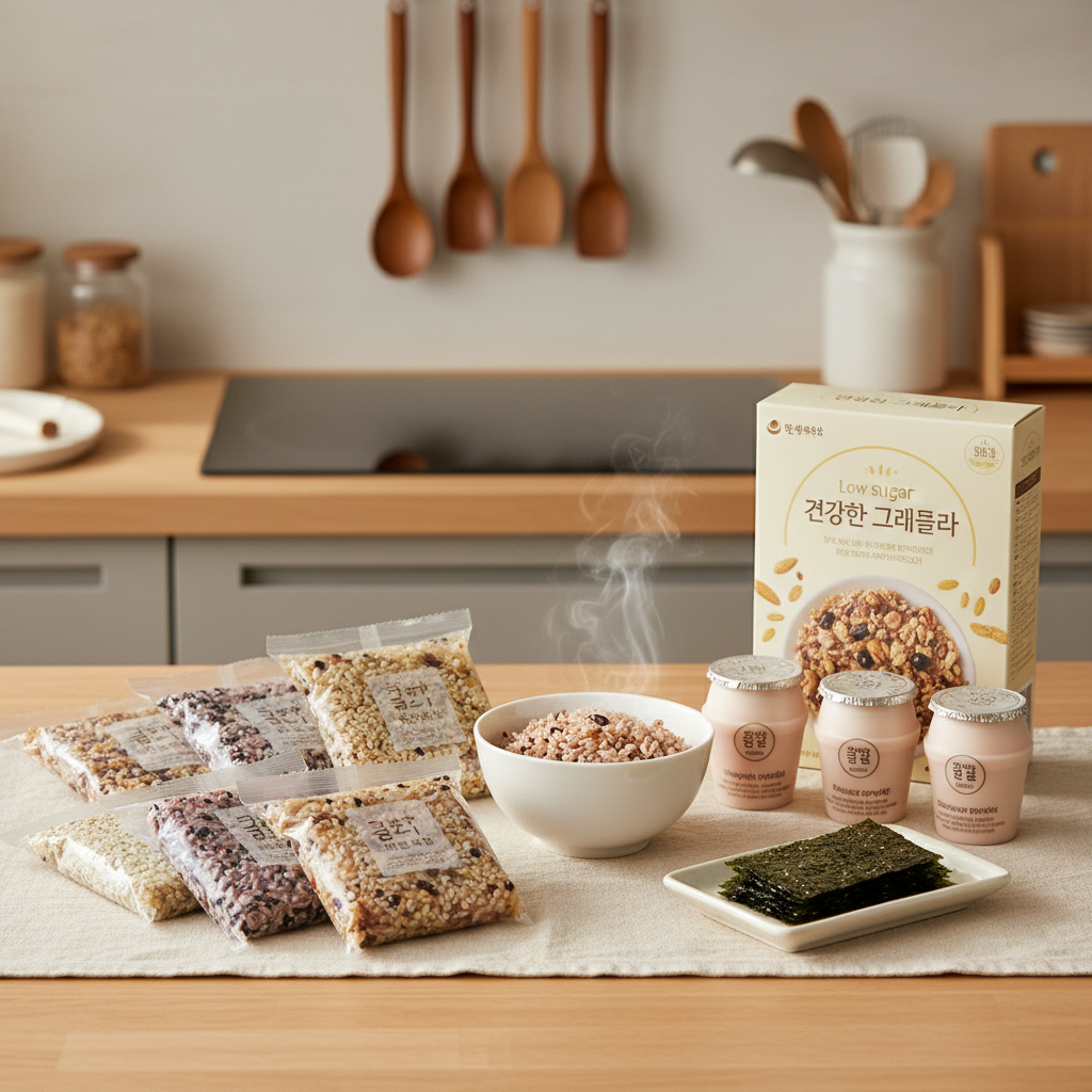 A meticulously styled Korean kitchen scene featuring healthy convenience foods laid out for a product comparison: individual portion packs of mixed grains, a bowl of steaming multigrain rice, sugar-free yogurt cups, a small plate of seasoned seaweed snacks, and a low-sugar cereal box with a clean, modern design. All are arranged on a pale wooden table with a light beige linen runner. Warm mid-morning natural light pours in from the right, creating gentle highlights on the packaging and soft shadows under bowls. In the soft-focus background, a tidy induction cooktop and hanging wooden utensils suggest everyday home use. Shot from a slightly elevated angle in photographic realism, the image feels informative, organized, and practical, ideal for a Korean blog post comparing healthy food options and linking to purchase pages.